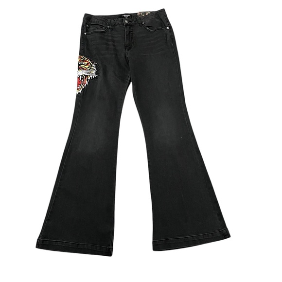 Y2K Ed Hardy Women's Biker Chic Black Denim Tiger head Slim Flare Jean Size: 30 - Picture 3 of 12